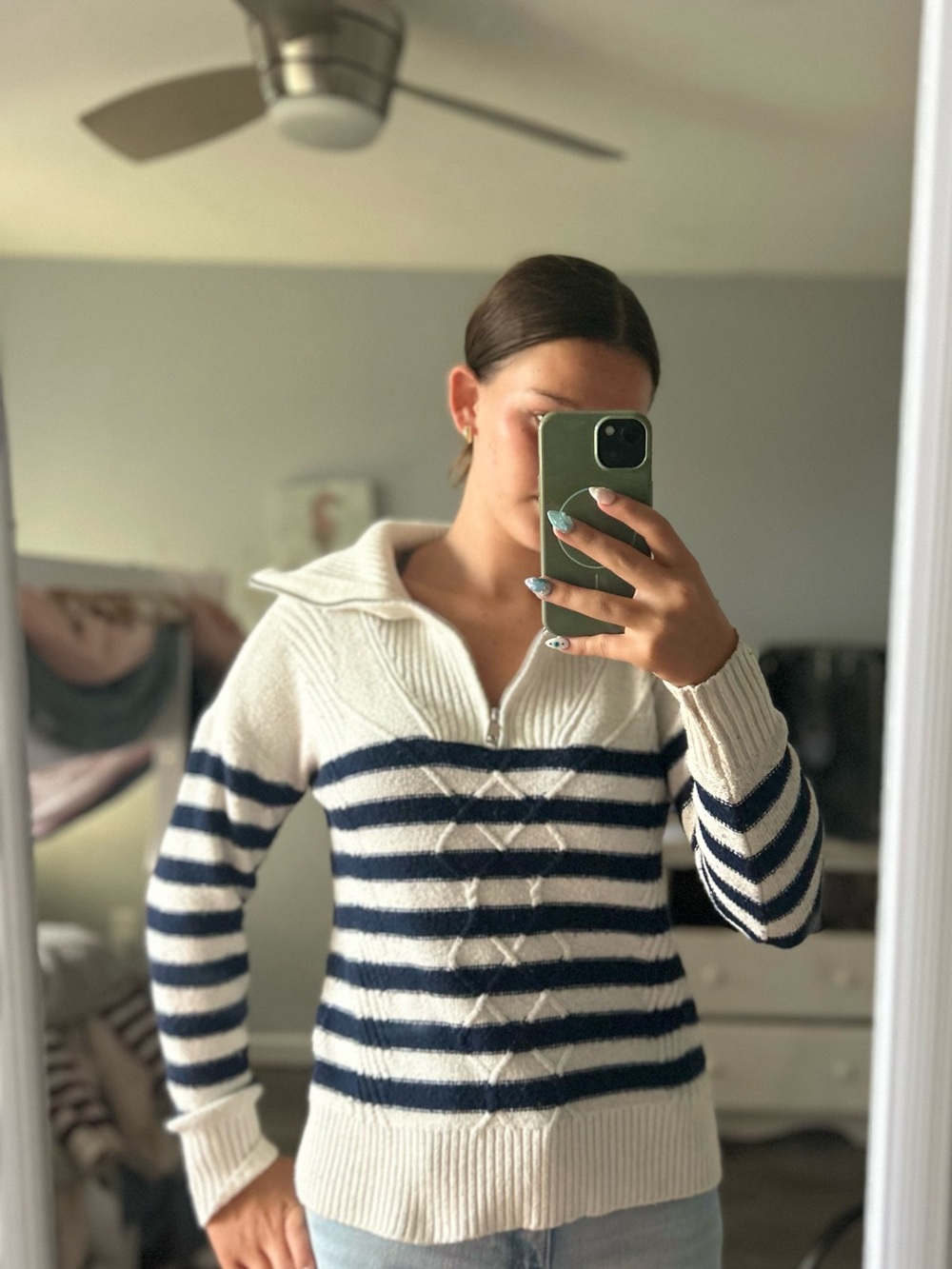 Striped Half-Zip Knit Sweater - White & Navy